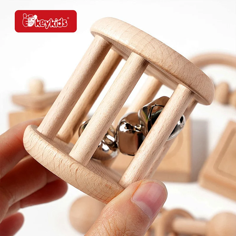 Natural Wooden Baby Rattle Set with Shape Sorter and Bell Rattles - Sensory Developmental Toy Kit for Infants W08K416